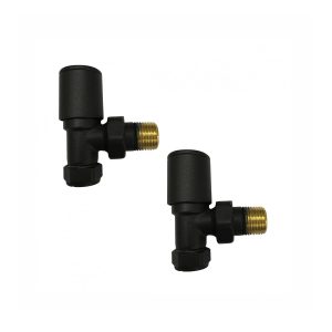 Kartell 15mm black angled round manual radiator valve pair with smooth round heads and angled connections