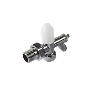 Kartell 15mm white angled lockshield radiator valve with smooth white finish and angled connection