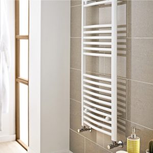Kartell 1000 x 300mm curved white 22mm heated towel rail with rounded bars and open sections