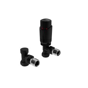 Kartell designer angled black thermostatic radiator valve pair with slim TRV heads and angled connections