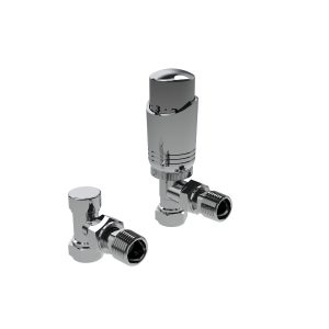 Kartell designer angled chrome thermostatic radiator valve pair with slim TRV heads and angled connections
