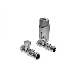 Kartell designer straight chrome thermostatic radiator valve pair with slim TRV head and straight connections