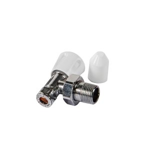 Kartell Galaxy 15mm angled drain-off lockshield radiator valve with chrome finish and integrated drain-off outlet