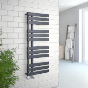 Kartell Oregon 1180 x 500mm anthracite designer flat panel towel rail with staggered wide flat bars