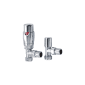 Scudo designer angled chrome TRV radiator valve pair with rounded thermostatic heads and angled connections