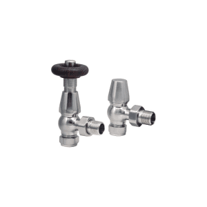 Scudo nickel angled radiator valves pair with wooden top thermostatic valve and lockshield