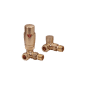 Scudo brushed brass corner radiator valves pair with thermostatic and lockshield valves