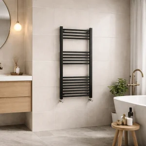 Kartell 22mm straight matt black towel rail 1000 x 500mm in a modern bathroom