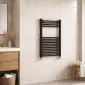 Kartell 22mm straight matt black towel rail 800 x 500mm mounted on a light tiled bathroom wall