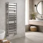 Kartell Newark chrome flat panel heated towel rail 1300mm high x 500mm wide shown mounted on a bathroom wall