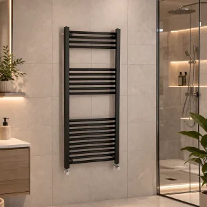 Kartell 22mm straight matt black towel rail 1200 x 500mm in a modern bathroom