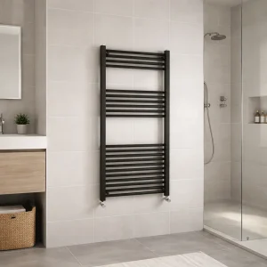 Kartell 22mm straight black towel rail in 1200 x 600mm